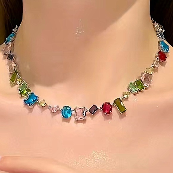 Multicolor Cubic Zircon Necklace, Irregular Stone, Candy Petals Women’s Jewelry - Picture 1 of 5